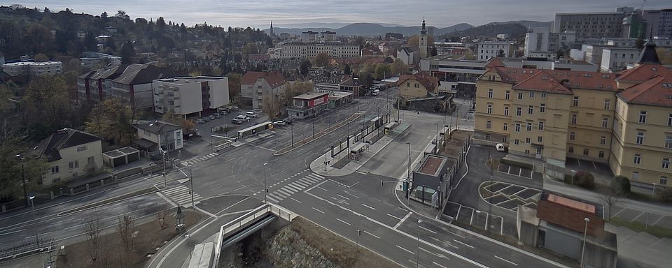 Livebild Baukamera 3 - Webcam Riesplatz - Baustelle Straßenbahnverlängerung Linie 7, Graz-St.Leonhard, Geidorf und Ries (ca. 5 Minuteninterval)